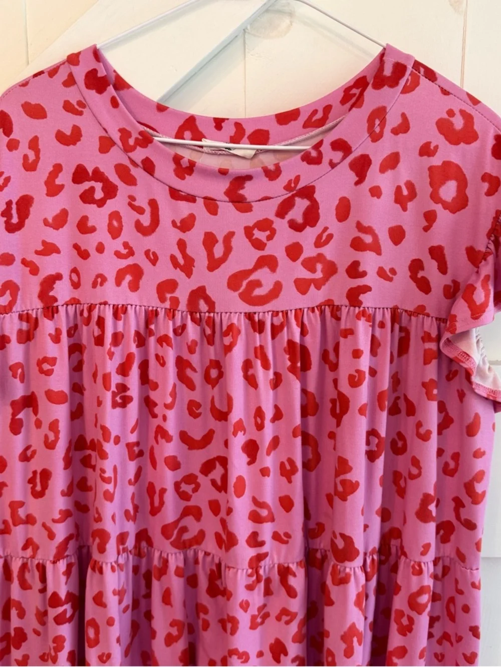 Entro Pink and Red Leopard Cheetah Mini Babydoll Dress Ruffle Sleeve Medium